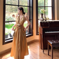 High-end satin backless v-neck halter dress with slim waist and elegant long dress R1779