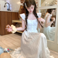 White square collar small flying sleeve waist dress women's summer French temperament A-line skirt R4746