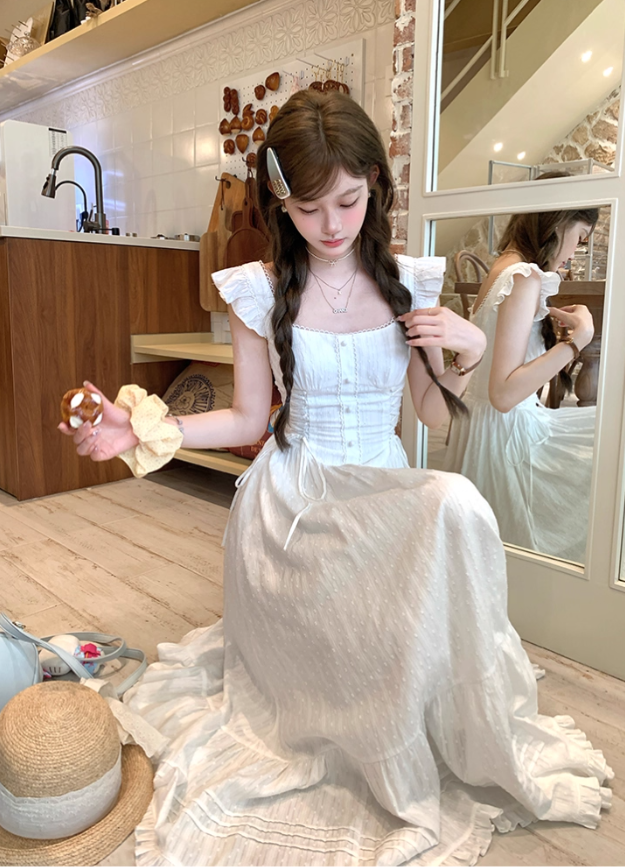 White square collar small flying sleeve waist dress women's summer French temperament A-line skirt R4746