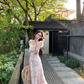 Beautiful dress temperament square neck pink printed long skirt summer new style R4414
