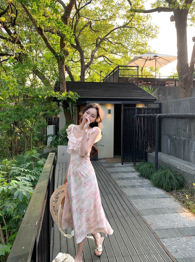 Beautiful dress temperament square neck pink printed long skirt summer new style R4414