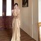 High-end satin backless v-neck halter dress with slim waist and elegant long dress R1779