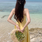 Yellow backless strappy suspender sexy dress seaside holiday long dress waist beach dress R1615