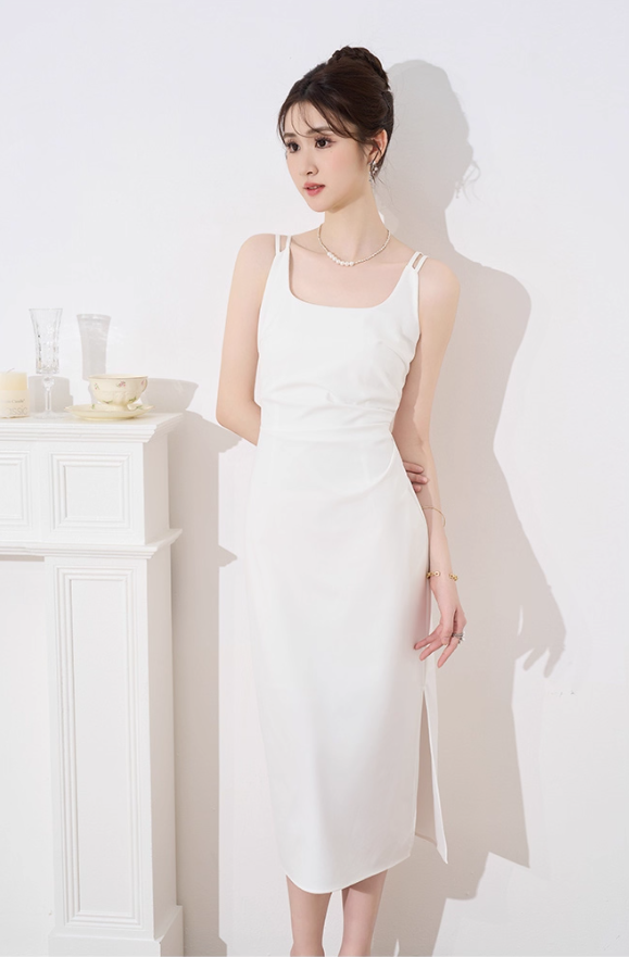 French dress new summer design niche temperament white suspender skirt long slim skirt R4382