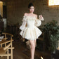 White gentle style one-shoulder lace A-line slim fit tutu skirt homecoming dress R2432
