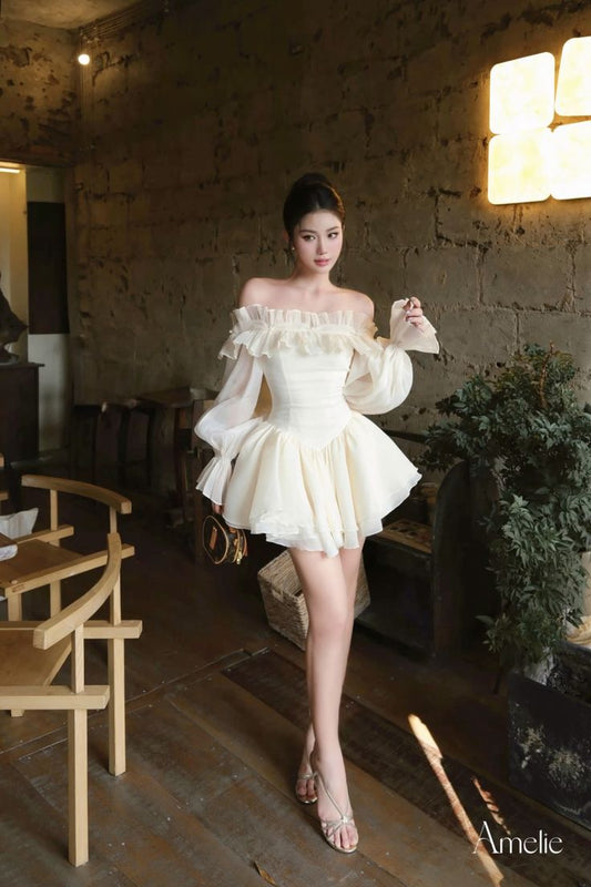White gentle style one-shoulder lace A-line slim fit tutu skirt homecoming dress R2432