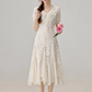 French style gentle lace stitching apricot dress waist long skirt R1926
