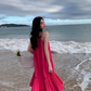 Seaside holiday style rose red white sleeveless dress high-grade layered pleated skirt R1582