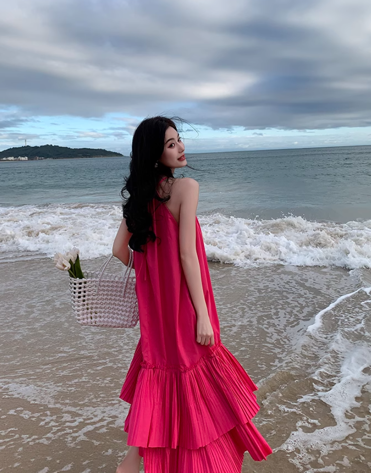 Seaside holiday style rose red white sleeveless dress high-grade layered pleated skirt R1582