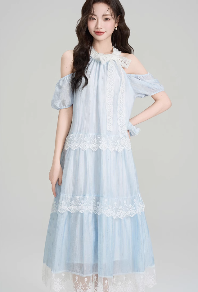 French design lace halter dress holiday style beautiful off-shoulder long dress R2399