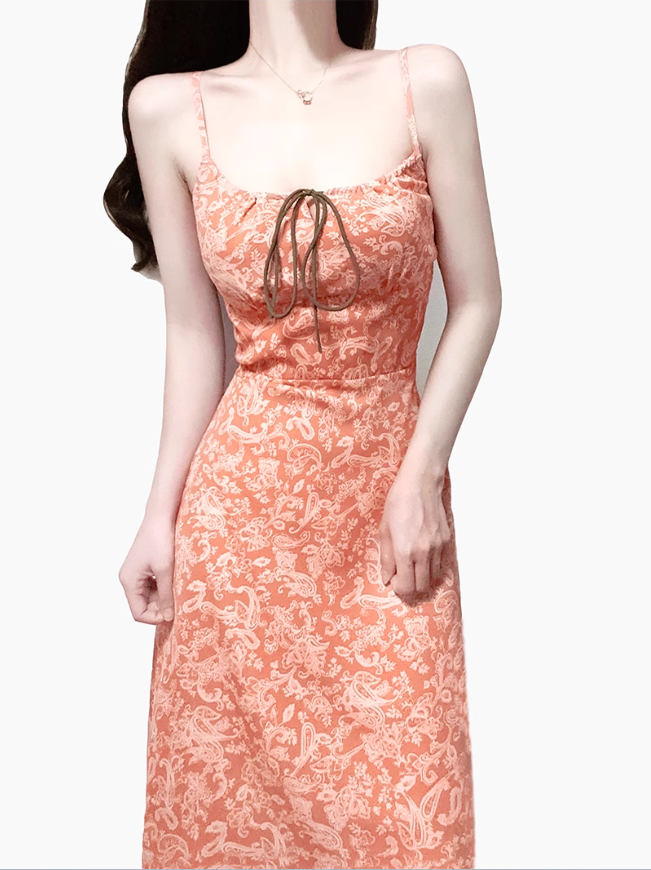 2025 Summer New Retro Cashew Printed Backless French Long Suspender Dress R0967