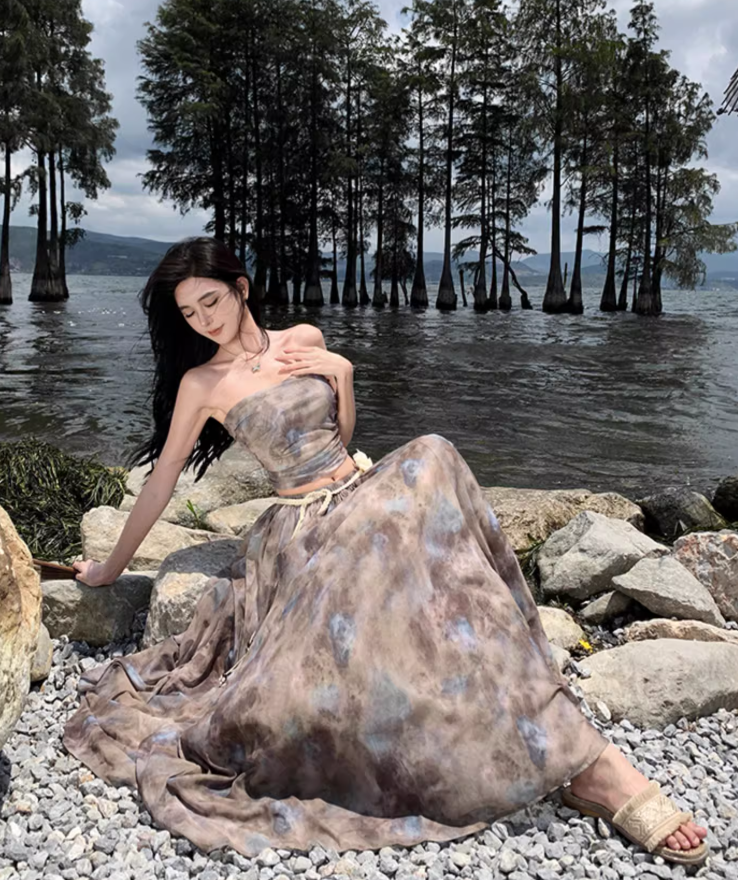 Travel wear tie-dye skirt a-line skirt temperament tube top suit women's two-piece suit R1571