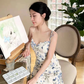 2025 Summer New French Blue Floral Holiday Style Mid-Length Suspender Dress R0923
