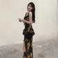 Retro ruffled floral suspender dress temperament waist beach dress R0788