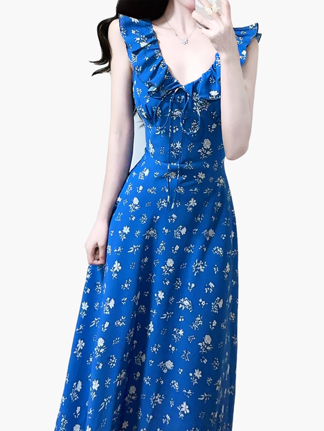 2025 Summer New Retro Blue Floral Ruffle Waist V-Neck Holiday Dress R0976