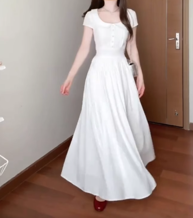 Elegant and decent skirt, gentle style, beautiful waist A-line white dress R0717