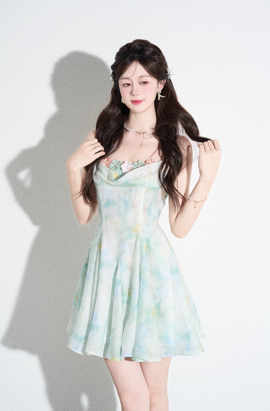 Three-dimensional flower suspender dress beautiful summer ruffled large swing A-line skirt R4109