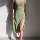 French slim side slit dress, vintage green daisy camisole, knee length skirt R2866