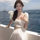 Super fairy long skirt with small flying sleeves white waist-baring dress holiday beach skirt R1607