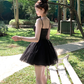 Black mid-length waist a-line suspender dress summer French temperament skirt R4943