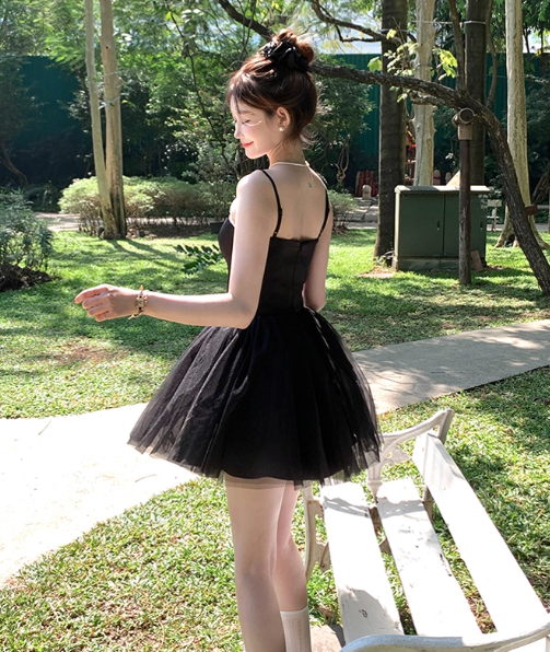 Black mid-length waist a-line suspender dress summer French temperament skirt R4943
