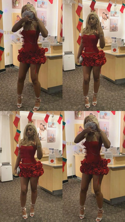 Elegant Red A-Line Halter Ruffled Mini Summer Dress with Flower-shaped Hem Homecoming Dress RS229