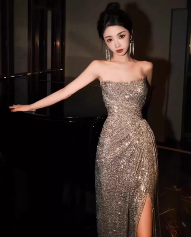 Toast dress birthday dress small dress niche high-end temperament heavy sequin tube top dress R1786
