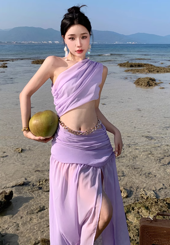 Photo skirt waist-baring one-shoulder dress design seaside atmosphere holiday beach skirt R1592