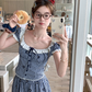 Women's summer French style two-piece square neck short striped short-sleeved top skirt suit R4912