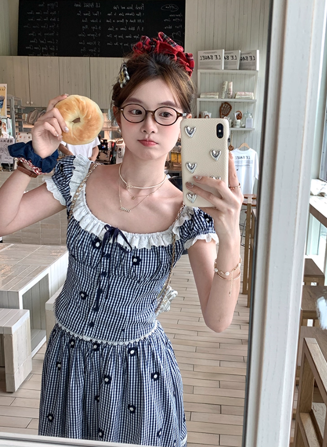 Women's summer French style two-piece square neck short striped short-sleeved top skirt suit R4912