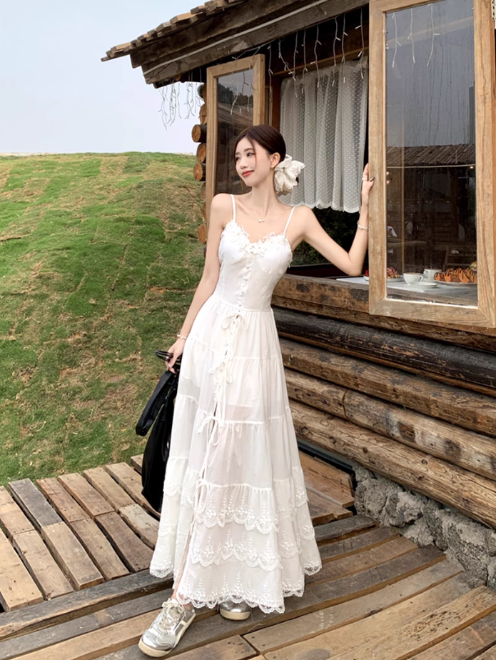 Fairy white Dingdal skirt waist skirt lace splicing slit suspender dress R1755
