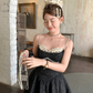 Black mid-length waist a-line suspender dress summer French retro skirt R4909