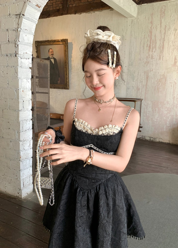 Black mid-length waist a-line suspender dress summer French retro skirt R4909