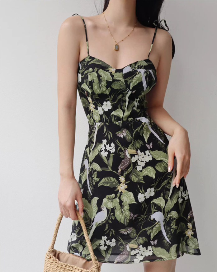 French retro bird print suspender skirt slim fit waist suspender dress holiday short skirt R2807