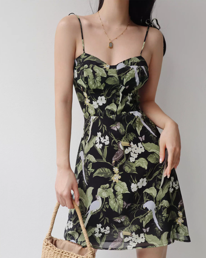 French retro bird print suspender skirt slim fit waist suspender dress holiday short skirt R2807