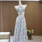 Blue Rose Print Handmade Braided Rope Waist-baring Sexy Temperament Long Dress R1997