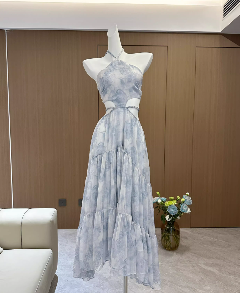 Blue Rose Print Handmade Braided Rope Waist-baring Sexy Temperament Long Dress R1997