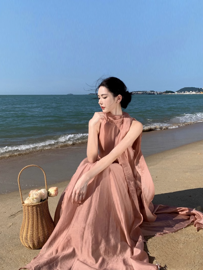 Fairy Island Travel Outfit Halter Neck V-Neck Dress Beach Dress Loose Casual Long Dress R1732
