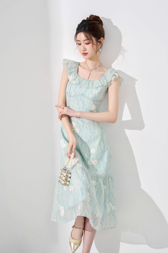 Temperament dress new summer French waist high-end mid-length niche design printed skirt R4262