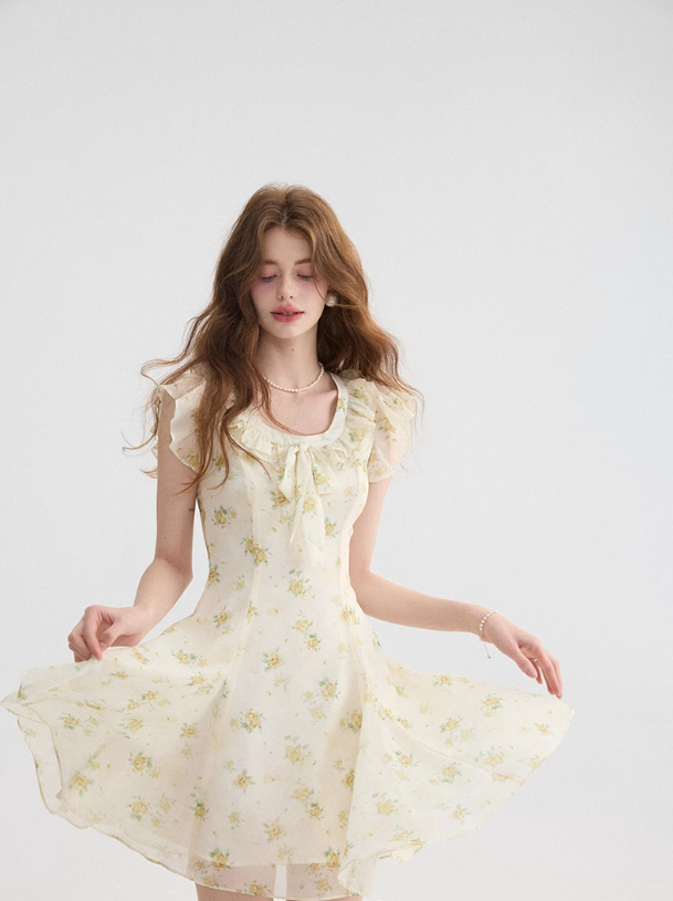 French tea break style floral dress ruffled short skirt R2701