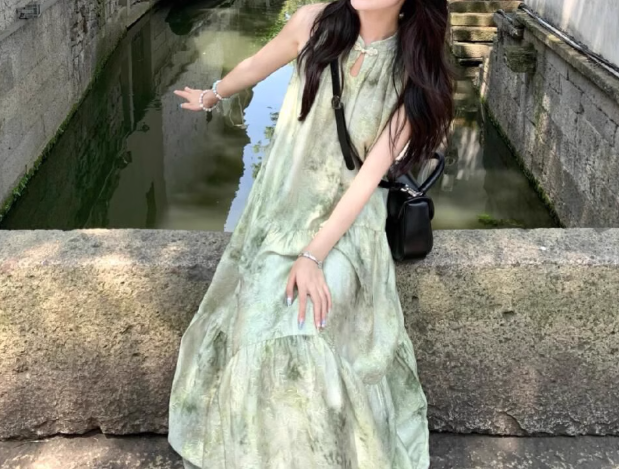 Ink painting halter neck dress seaside holiday style retro cool temperament skirt R0765