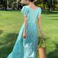 Lace hollow embroidery hook flower ruffle V-neck Thai dress fairy holiday ruffle long skirt R0187