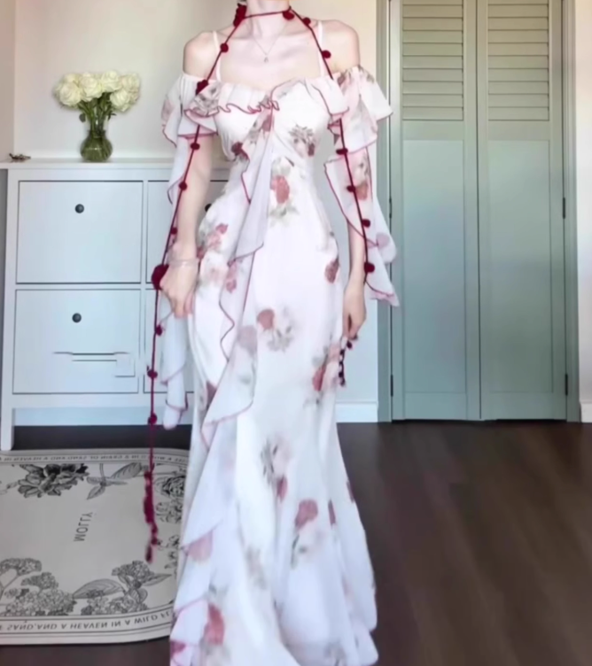 Retro floral one-shoulder dress with gentle temperament and slim waist and hip skirt R0645