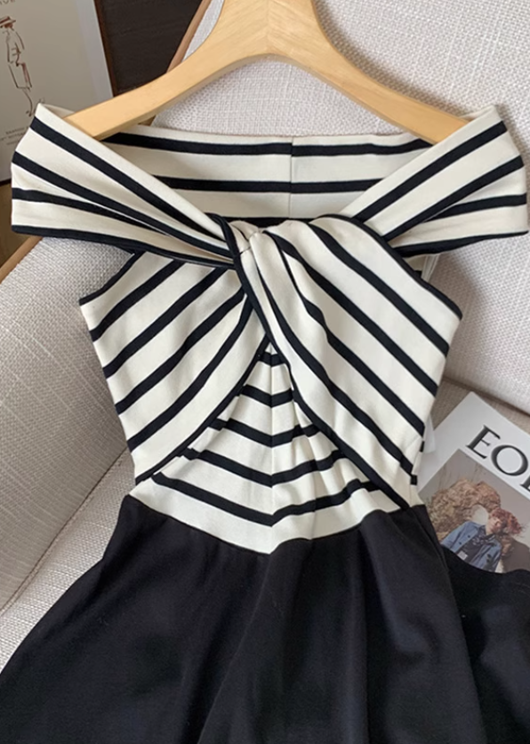 Navy collar gentle style dress women's new black and white waist temperament dress long skirt R3998