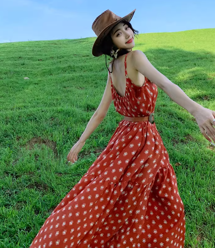 Beach holiday dress travel wear chiffon retro red dress floral loose suspender beach dress R1599