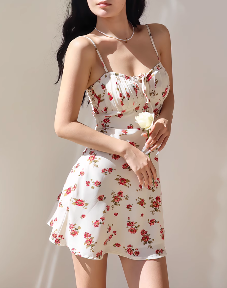 French retro floral sexy waist suspender dress A-line short skirt R2826
