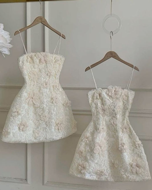 White suspenders three-dimensional flower slim pattern A-line skirt homecoming dress R2553