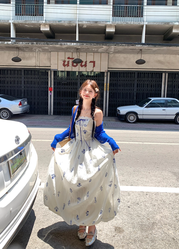 Women's summer French retro slim fit dress with waist suspenders R4698