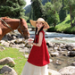 Red mid-length hollow loose suspender dress mesh skirt summer French holiday style skirt R4577