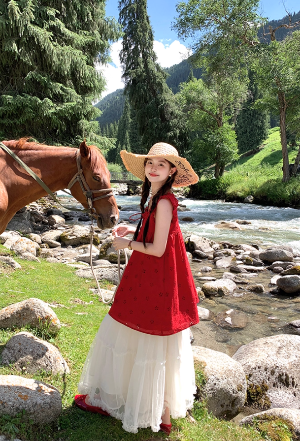 Red mid-length hollow loose suspender dress mesh skirt summer French holiday style skirt R4577